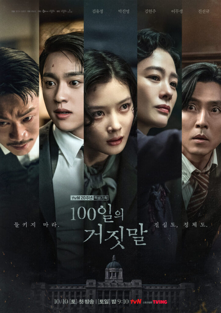 Affiche officielle de 100 jours en espionne (100일의 거짓말) avec Kim You-jung, Park Jin-young, Kim Hyun-joo, Lee Mu-saeng et Jin Sun-kyu